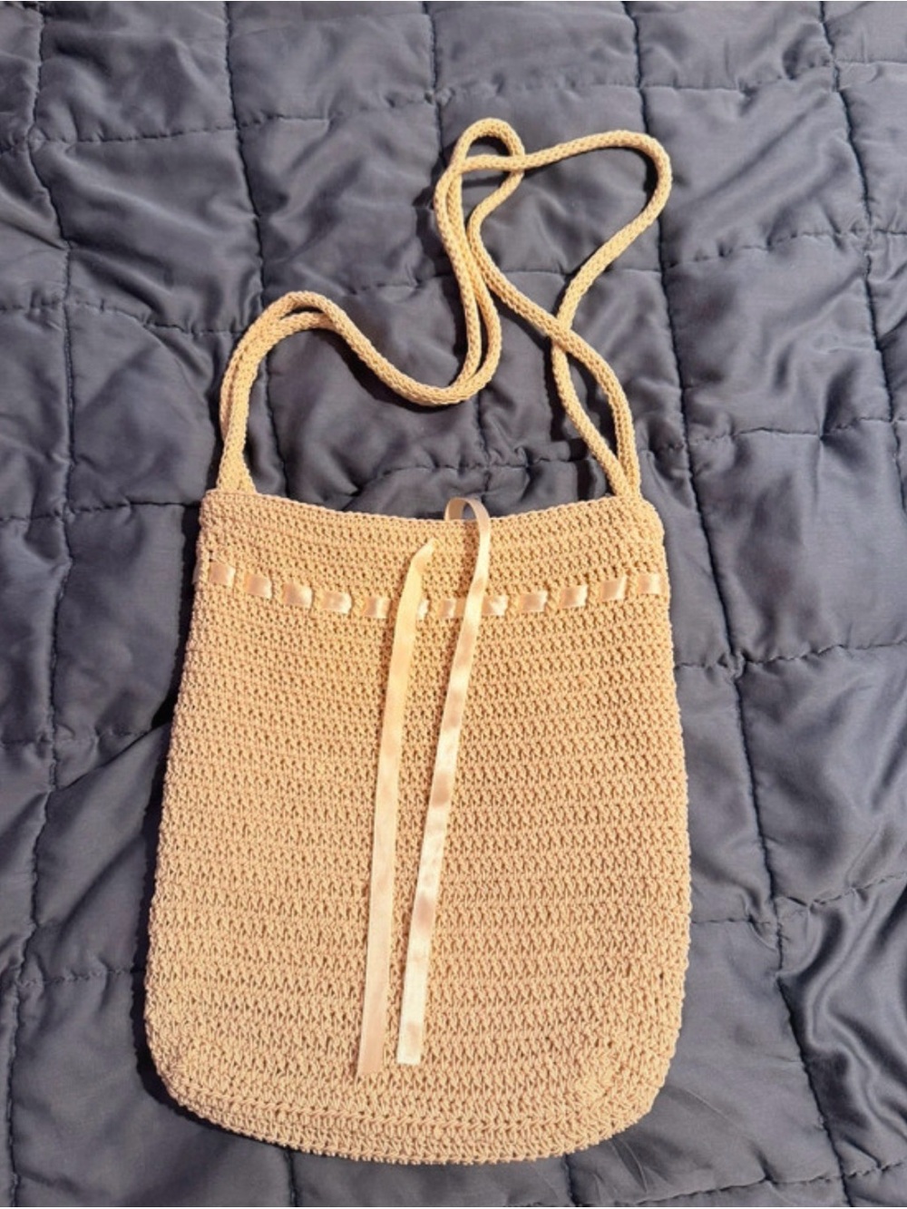 Crocheted Cream Shoulder Bag with Ribbon Detail